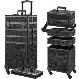 Somduy Rolling Makeup Case, Makeup Train Case with Lid, 5 in 1 Cosmetology Case on Wheels, Christmas Gift, Large Makeup Organizers, Profesional Cosmetic Case for Salon Barber, Pattern Black