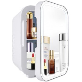 ZLPTEAM Mini Fridge with Mirror Door & Adjustable LED Lights - 8L Cosmetic Skincare Fridge for Bedroom,Dorm,Mini Car Refrigerator Portable Quiet Cooling,Gift for Women