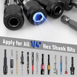 Enhanced Non-Slip Bit Holder Key Chain 6pc, Drill Bit Holder for 1/4 Inch Hex Shank Bits, Bit Holders for Impact Driver Drill Bit Extension, Screwdriver Bit Holder, Quick Change & Easy Access, Black