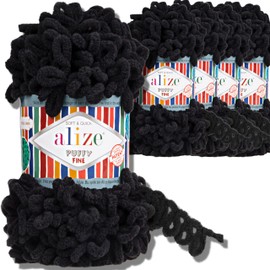 Alize 5x 100g Puffy Fine türkische Wolle Super Bulky Chenillegarn Babywolle Handstrickgarn ohne Nadel zum häkeln weiches Chenille-Garn XXL-Knäuel für Amigurumi (Black | 60)