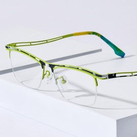 FONEX Colorful Pure Titanium Glasses Frame Men Semi Rimless Square Eyeglasses Eyewear (85890 Yellow Green)
