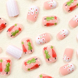 Christmas Press on Nails Short Square Fake Nails with Christmas Tree Design Glue on Nails Cute False Nails Cartoon Full Cover Stick on Nails Xmas Acrylic Nails for Women Manicure 24Pcs