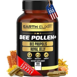 Earth Elixir 3-in-1 Bee Pollen Organic 840mg (180 Caps) W/ 840mg Bee Propolis & 840mg Royal Jelly - Organic Bee Pollen - Natural Dietary Fitness