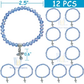 Crystal Baby Shower Bracelets Party Favors, Clear Pink Blue Beaded Pacifier Charm, 12 Pack (Blue)