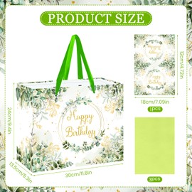 Sage Green Birthday Gift Bag Large Green Party Favor Bags with Tissue Paper and Greeting Cards Eucalyptus Birthday Gift Wrapping Paper Bag Goodie Bags for Baby Shower Bday Party Decorations Supplies
