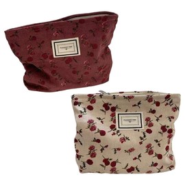 2pcs Floral Corduroy Makeup Bags for Women,Large Capacity Travel Cosmetic Bags, Portable Makeup Organizers for Ladies & Girls