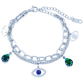 Double Layer Evil Eye Charm Bracelet, Waterproof Stainless Steel, Razzberry Designer Jewellery for Women, 18cm + 5cm Extension, Blue Crystal Zirconia, included Gift Pouch (Silver)