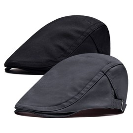 Qossi 2 Pack Newsboy Hats for Men Flat Cap Cotton Adjustable Breathable Irish Cabbie Ivy Driving Hunting Hat Grey Black