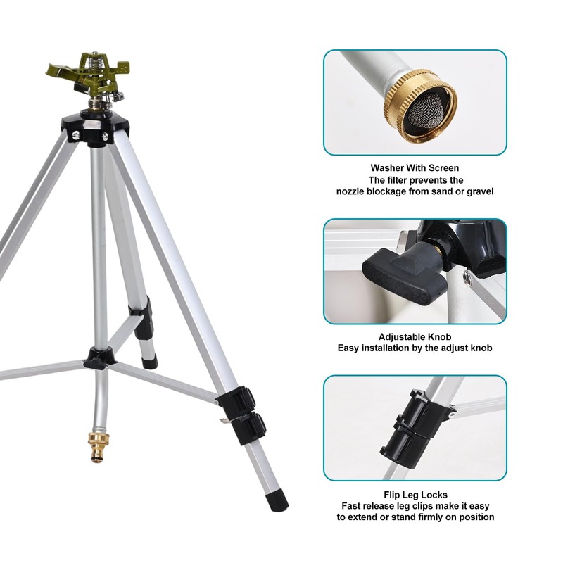 Impact Sprinkler Head on Tripod Base, Heavy Duty Lawn Sprinklers,