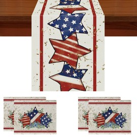 GPGHE 4th of July Table Runner and Placemats Set of 5, America Flag Stars Stripe Patriotic Table Runners Memorial Day Independence Day Vintage Kitchen Dining Home Party Decor Supply 13x72 Inch