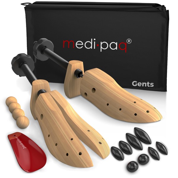 Medipaq - Set of 2 Premium Pine Shoe Stretchers - Shoe Tree with Cedar Balls and Drawstring Bag - Shoe Stretchers, Wood, 2x Gents (7-12)