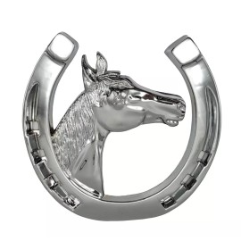 1clickautoacc 3D CHROME ABS HORSESHOE WITH HORSE HEAD CAR TRUCK EMBLEM DECAL 5"