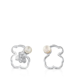 TOUS Aretes de Plata de Primera Ley para Mujer con Motivo Oso de 1.4 cm y Perla, Plata de Ley 925, Elegante y Versátil, Colección Silueta
