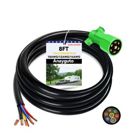 Anayguto 8 FT 7 Pin Trailer Plug 7 Way Trailer Plug Pure Brass 7 Pin Trailer Wiring Harness with Color Coded 7 Way Trailer Wire Round Male 7Pin Trailer Extension Heavy Duty 7 Blade Trailer Connector
