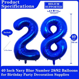 Navy Blue 28 Number Balloons, 40 Inch Giant Number 28 Balloons Foil Mylar Helium Dark Blue Number Balloons for 28th Birthday Party Supplies Anniversary Event Celebration Decorations