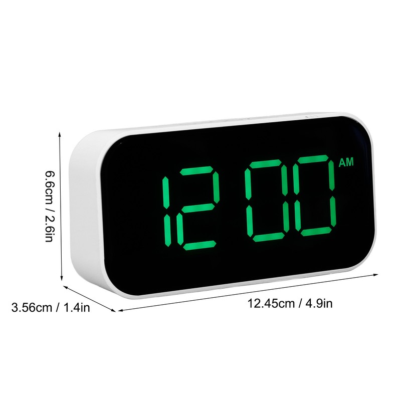 LED Digital Alarm Clock Brightness Adjustable 12/24Hr White Shell Green