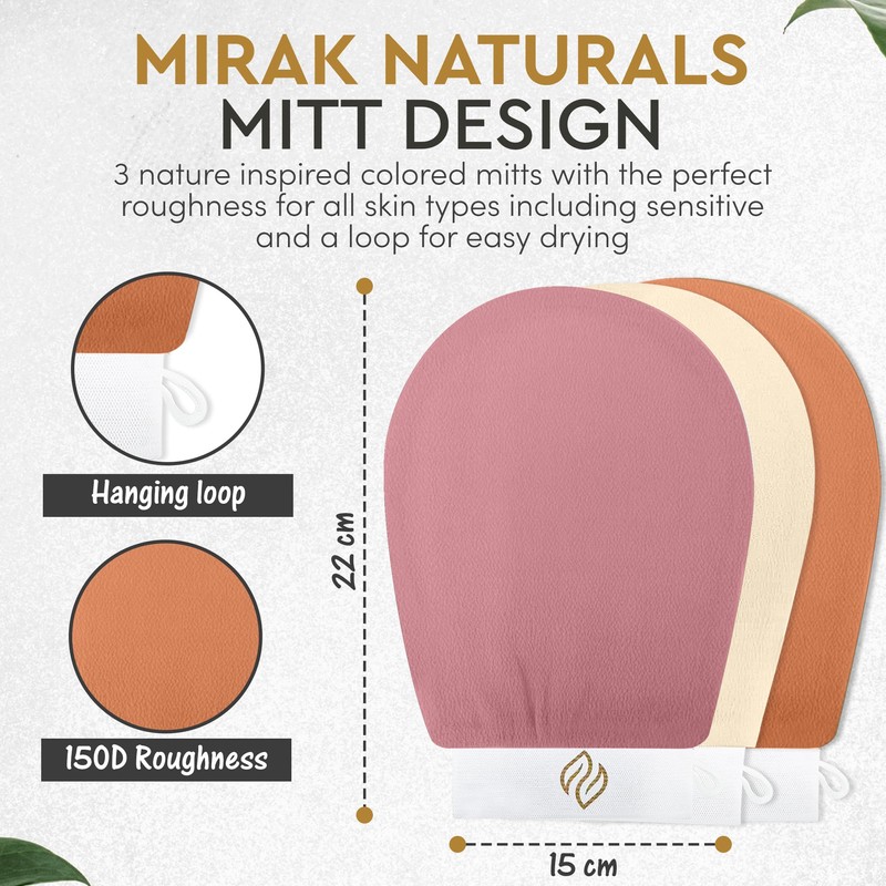 Mirak Naturals 3 Deep Exfoliating Mitts Body Scrub for Soft