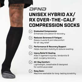 DFND Unisex Hybrid Ax/Rx Over-the-Calf Compression Socks – 20-30mmHg Graduated Support – Enhances Circulation & Reduces Fatigue – For Recovery & Performance – Made in USA – Medium
