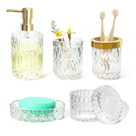 LaMarriti Glass Bathroom Accessories Set, 5pcs Crystal Clear Bathroom Set Accessories, Soap Dispenser, Toothbrush Holder Set, Soap Dish, Tumbler, Qtips Holder for Vintage Bathroom Decor, Gift Set