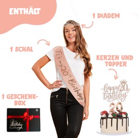 Bday® Set zum 20. Geburtstag für Mädchen | Roségoldener Polyesterschal | Tiara mit Strasssteinen | Geburtstagskerzen Zahl 20 | Geburtstagsdekoration für eine unvergessliche Party | OriginalCup®