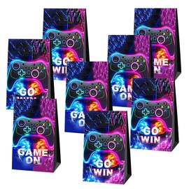 SHONHONG Video Game Party Paper Bags,Purple Game Goodie Bags,Gaming Theme Birthday Party Gift