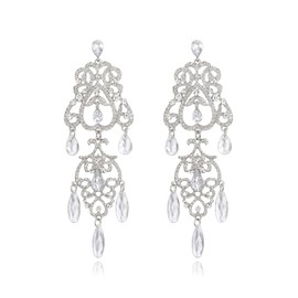 EVER FAITH Art Deco Chandelier Earrings Dangling, Clear Rhinestone Retro Vintage Teardrop Statement Long Drop Dangle Earrings for Wedding Brides Bridal Silver-Tone