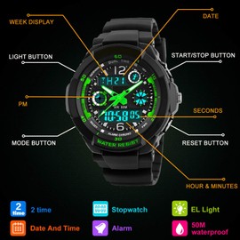 VDSOW Digital Watches for Kids Boys - 50M Waterproof Outdoor Sports Analogue Watch with Alarm/Timer/Dual Time Zone/LED Light, Childrens Electronic Shock Resistant Wrist Watches for Junior Teenagers