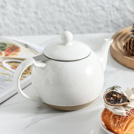 HVH 34 oz Porcelain Teapot with Stainless Steel Infuser, Ceramic Tea pot with Infuser for Loose Tea, Enough For 6 Cups, High Tea Series, Farmhouse Style (White)