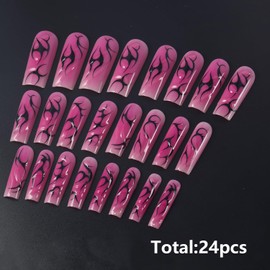 24pcs Square Press on Nails Long Fake Nails, Long Press on Nails Square Nail Tips Full Cover Pink Acrylic Nails Press ons Nail False Fingernail with for Women