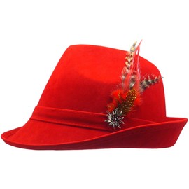 Essence of Europe Gifts OktoberfestHaus | German Hunter Hat Faux Leather Fedora with Metal Edelweiss Pin & Feather, German Oktoberfest Hats for Men & Women, 100% Polyester | Red