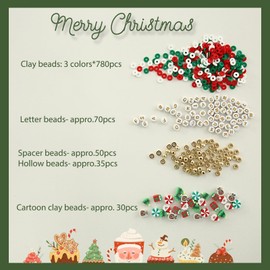 Megoogo Christmas Clay Beads Set, Xmas Colors Heishi Polymer Clay Beads Flat Round Beads with Charms for DIY Bracelet Making Kit Craft Supplies