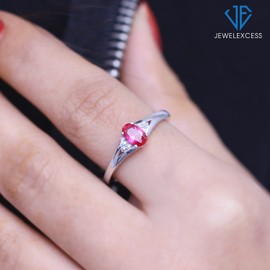 JEWELEXCESS Created Ruby Ring July Birthstone Jewelry – 0.45 Carat Created Ruby Sterling Silver Ring Jewelry with White Diamond Accent – Gemstone Rings with Hypoallergenic Sterling Silver Band