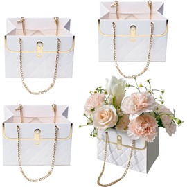 Jemattely White Flower Paper Gift Box, Waterproof Bouquet Storage Bucket Florist Handbag with Metal Chain Flower Boxes for Wedding Mother's Day Birthday Bridal Etc Shower Gift Wrap Craft-4 Pcs