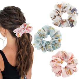 Jewemia Hair Scrunchies for Women Floral Hair Bands Elastic Bracelet Ponytail Holders Hair Accessories for Women and Girls 6Pcs (Flower-8)
