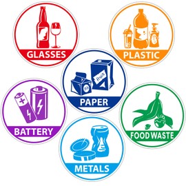 6 Pieces Recycle Sticker Decal for Trash Can, Re-Adjustable Waterproof Bin Labels Paper Metal Plastic Glass Waste Sorting Recycling Sticker Sign for Use in Home and Office