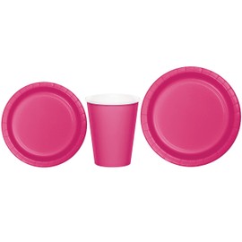 Baxters Party Bundles Bulk, Magenta Pink, 96 Count 9 Inch Round Paper Plates, 96 Count 9 Ounce Hot/Cold Paper Cups, 96 Count 7 Inch Round Paper Plates, Pack Contains 288 Pieces