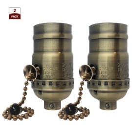 Royal Designs, Inc. Pull Chain Lamp Socket for Incandescent or LED Bulbs, 6" Matching Chain, Antique Brass Finish, Set of 2