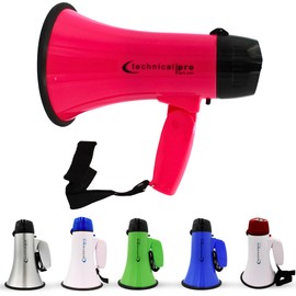 Technical Pro 20 Watts Lightweight Portable 300M Range Pink and Black Megaphone Bullhorn with Strap, Siren, and Volume Control, Good for Trainers, Soccer, Football, Baseball, Coaches