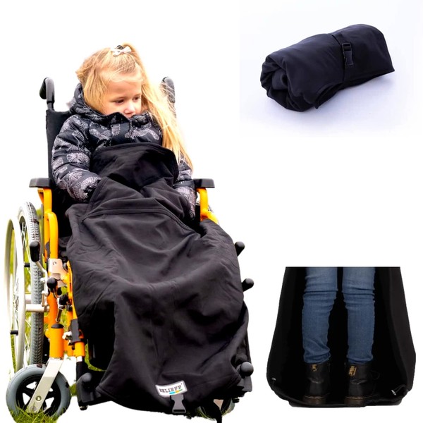 BELIEFF Wheelchair fleece blanket for outdoor use, 100 x 73 x 35 cm, protects against rain, cold and wind, pockets for hands, 100% polyester and fully lined with fleece (with PVC underlay protection for children)