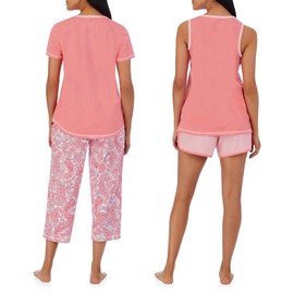 Carole Hochman Women's 4-Piece 100% Cotton Pajama Set – V-Neck T-Shirt, Tank, Capri Pants & Shorts with Drawstring & Pockets, Papaya Pink, Large