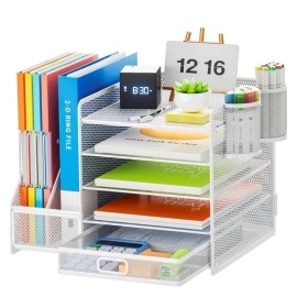 Marbrasse Desk Organizer with File Holder, 5-Tier Paper Letter Tray Organizer with Drawer