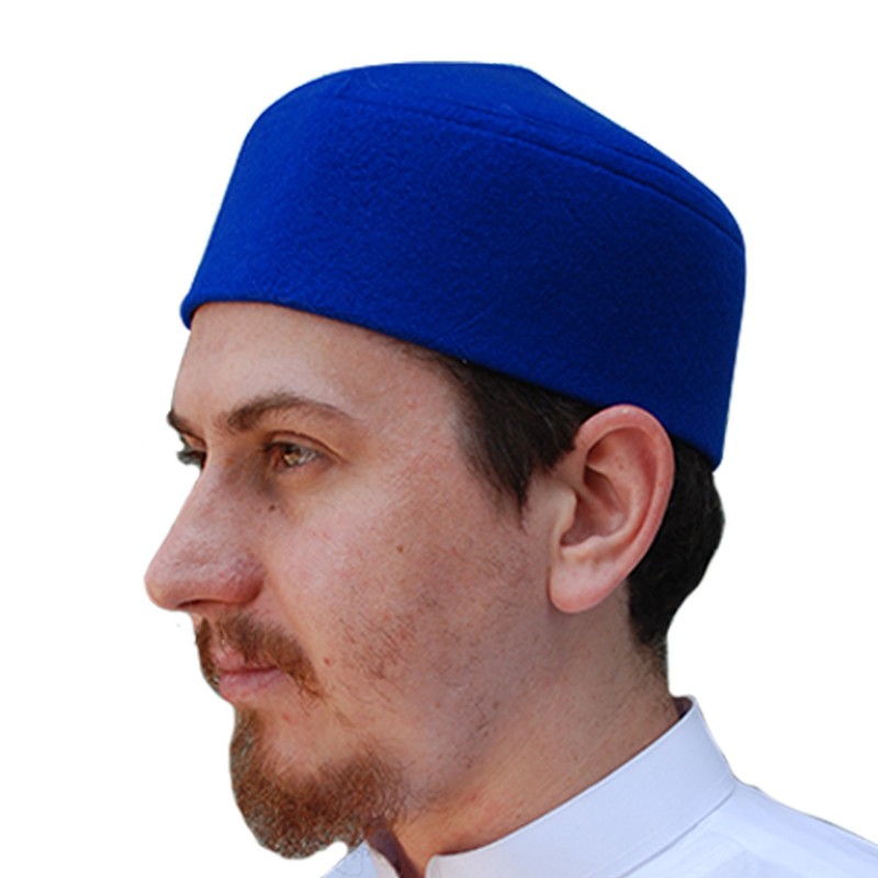 Solid Blue Moroccan Fez-style Kufi Hat Cap w/ Pointed Top