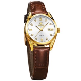 OLEVS Leather Watches for Women Simple Silver Dial Diamond Women Watches with Date Waterproof Analog Quartz Ladies Watch Minimalist Gold Elegant Female Watches, Montre Femme