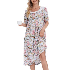 COSUNIONY Cotton Nightgowns for Women Soft Sleep Dress Ladies Short Sleeve Sleepwear with Pockets (Sky Blue Flower, Medium…