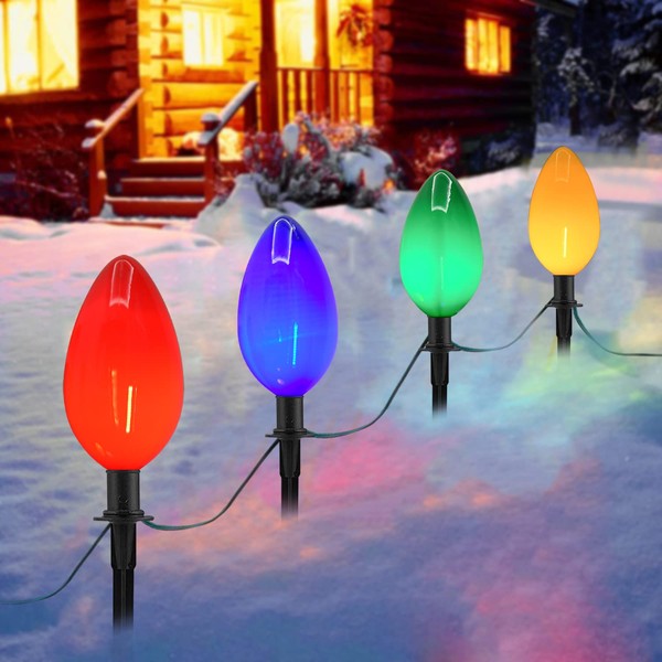 SUNSGNE C9 Christmas Pathway Lights, 6.5Ft Outdoor Christmas Pathway Stake Lights with 4 Jumbo C9 Multicolor LED Bulbs, Connectable Outdoor Marker Lights for Xmas Walkway Driveway Lawn Decor