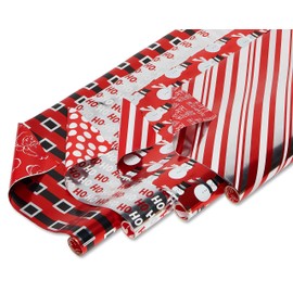 American Greetings 80 sq. ft. Reversible Christmas Wrapping Paper Bundle, Red, Black and Silver Foil, Candy Cane Stripe, Snowmen and Santa Belt (4 Rolls 30 in. x 8 ft.)