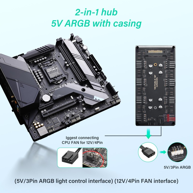 ELFJMZP 8-Channel Dual-Function 5V 3-Pin + 4-Pin PWM ARGB Fan