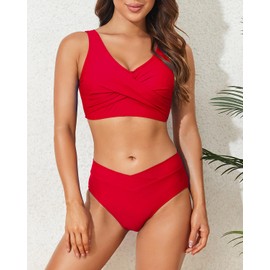Limeeke Women's High Waisted Bikini Set Twist Front Two Piece Swimsuit Lace Up Tie Back Bathing Suits Red L