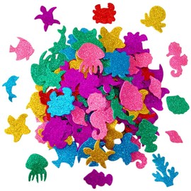 Glitter Colorful Sea Animals Shapes Foam Stickers Self Adhesive Kid's Arts Craft Supplies for Greeting Cards DIY Scrapbooking Cards Wall Creative Toys Home Decoration (Random Colors)