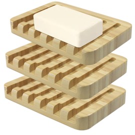 Rierdge 3 Pcs Bamboo Soap Dish, Self Draining Soap Holder with Non-Slip Pads, Sturdy Natural Wood Soap Tray for Shower, Bathroom（Wooden Color）